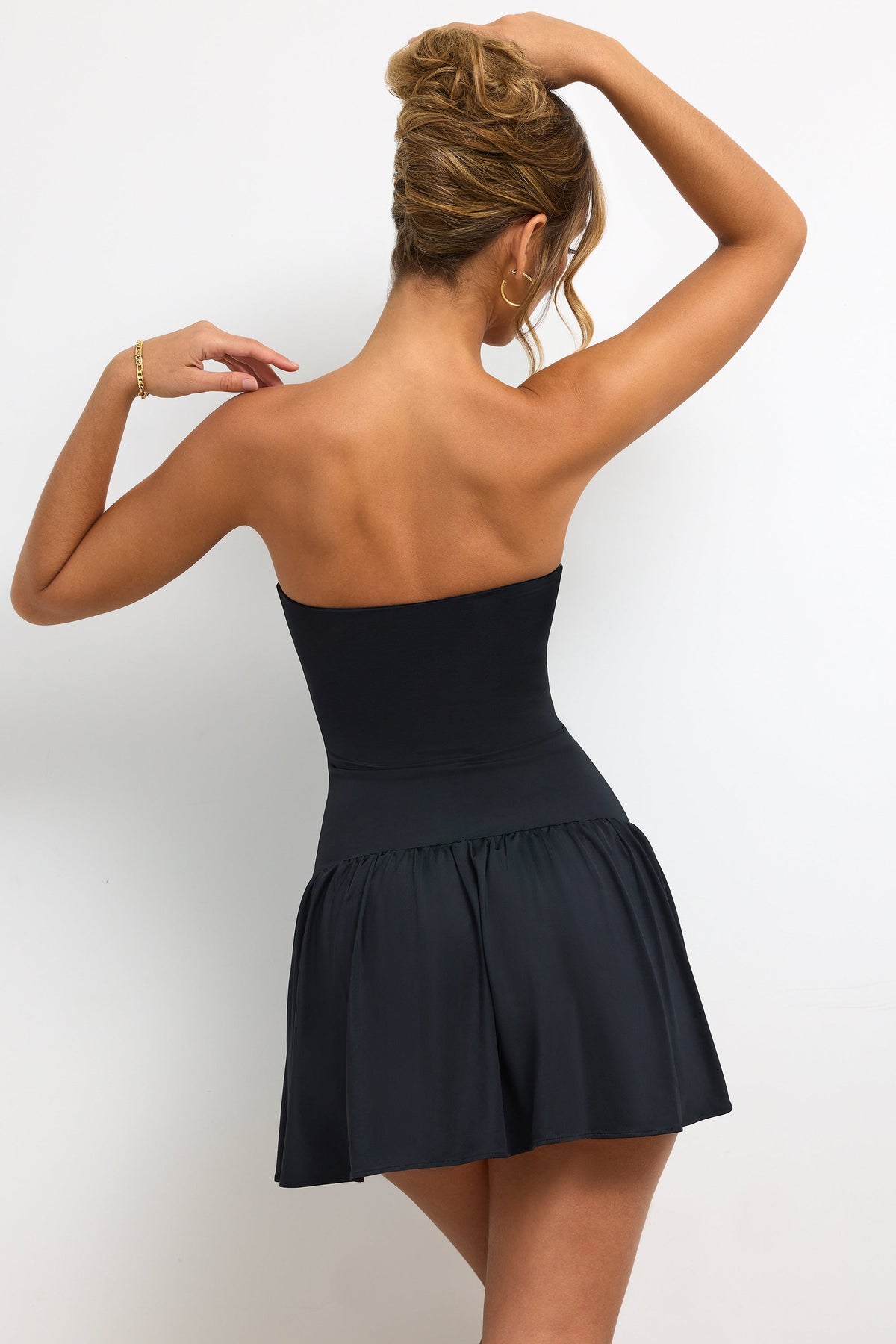 Slinky Jersey Strapless Plunge Neck Mini Dress in Black – view 2