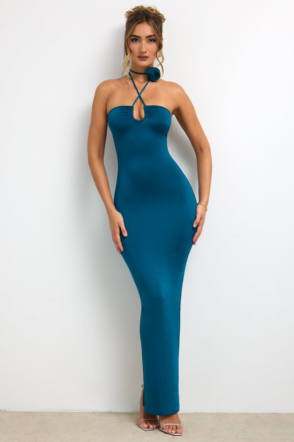 Slinky Jersey Rose Detail Halter Neck Maxi Dress in Dark Teal – view 8