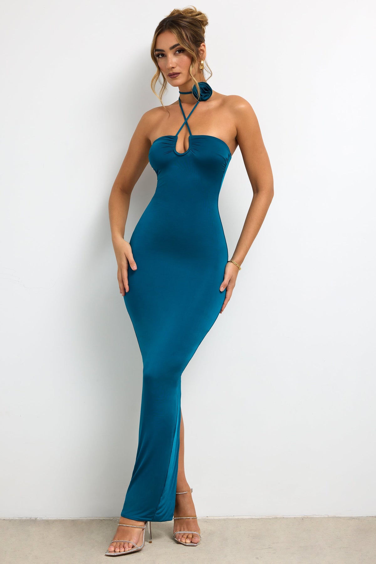 Slinky Jersey Rose Detail Halter Neck Maxi Dress in Dark Teal – view 5