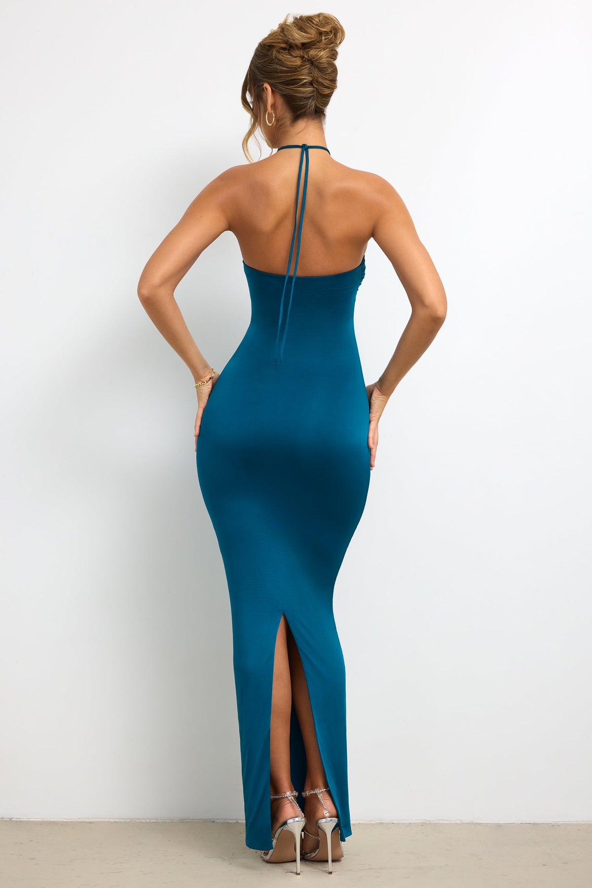 Slinky Jersey Rose Detail Halter Neck Maxi Dress in Dark Teal – view 2