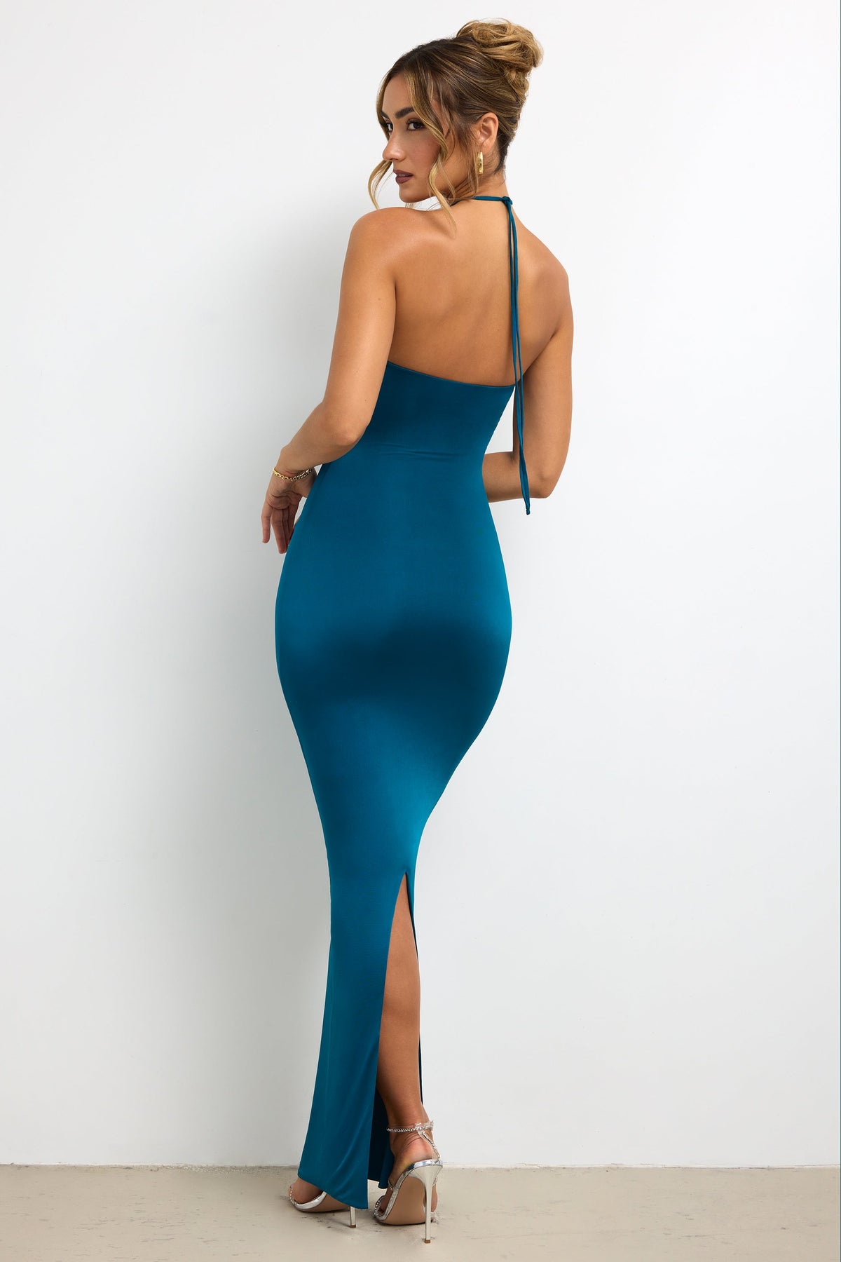 Slinky Jersey Rose Detail Halter Neck Maxi Dress in Dark Teal – view 7