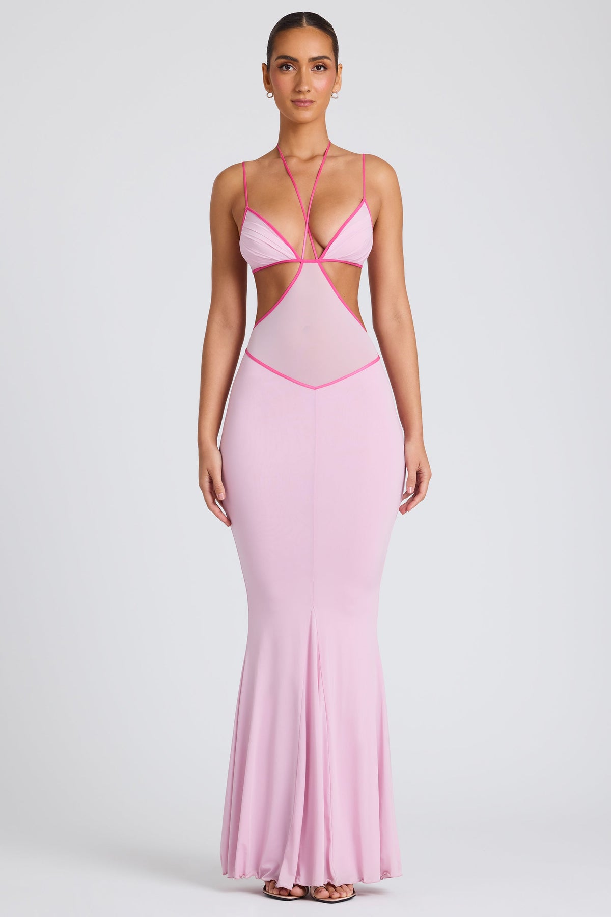 Contrast Binding Cut Out Evening Gown in Soft Pink – view 8