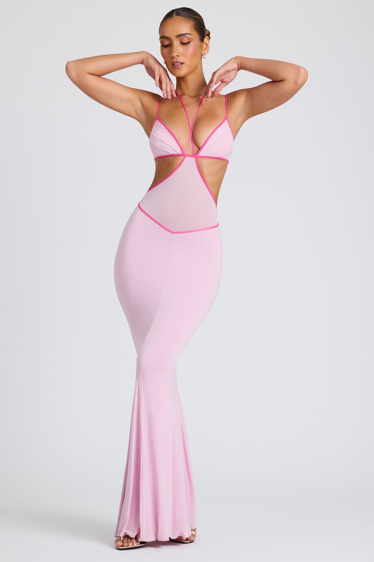 Contrast Binding Cut Out Evening Gown in Soft Pink – view 7