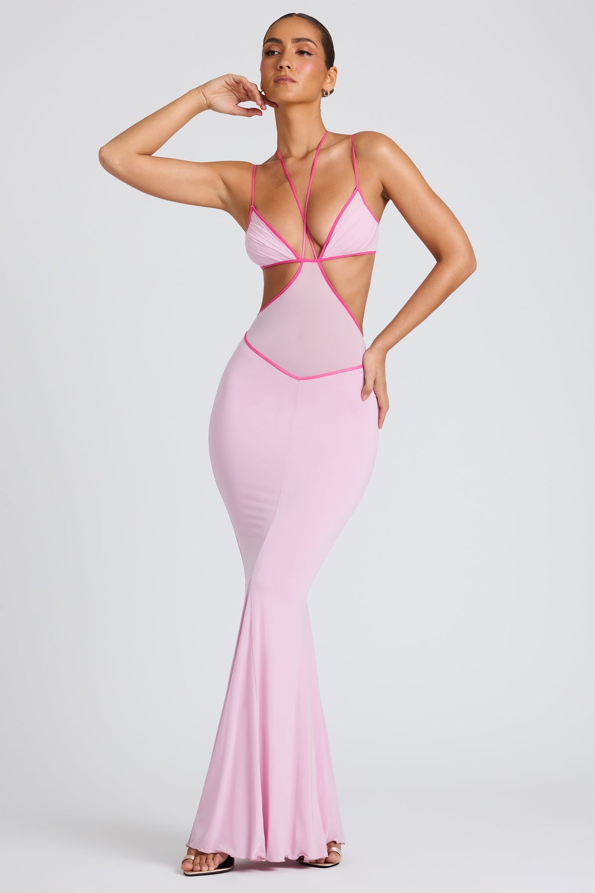 Contrast Binding Cut Out Evening Gown in Soft Pink – view 9