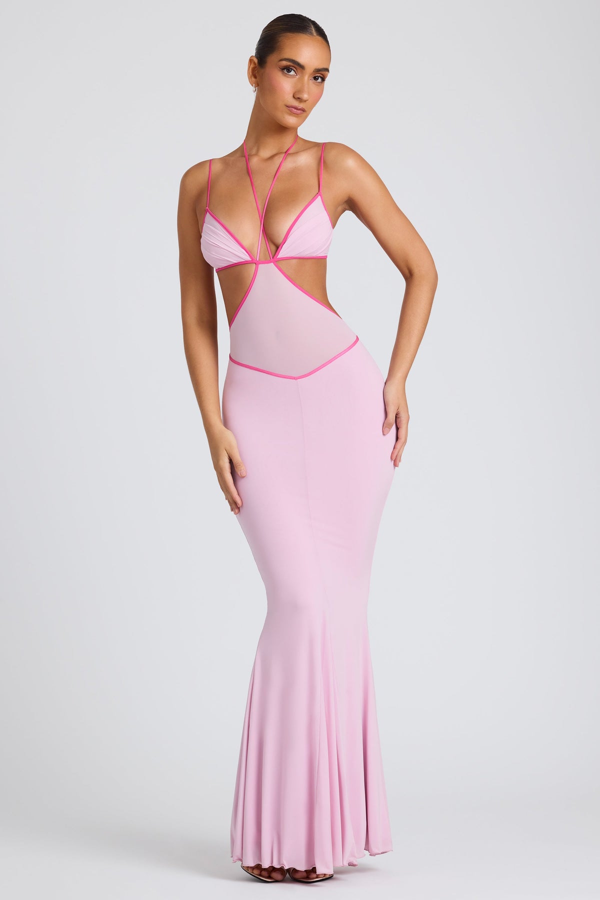 Contrast Binding Cut Out Evening Gown in Soft Pink – view 6