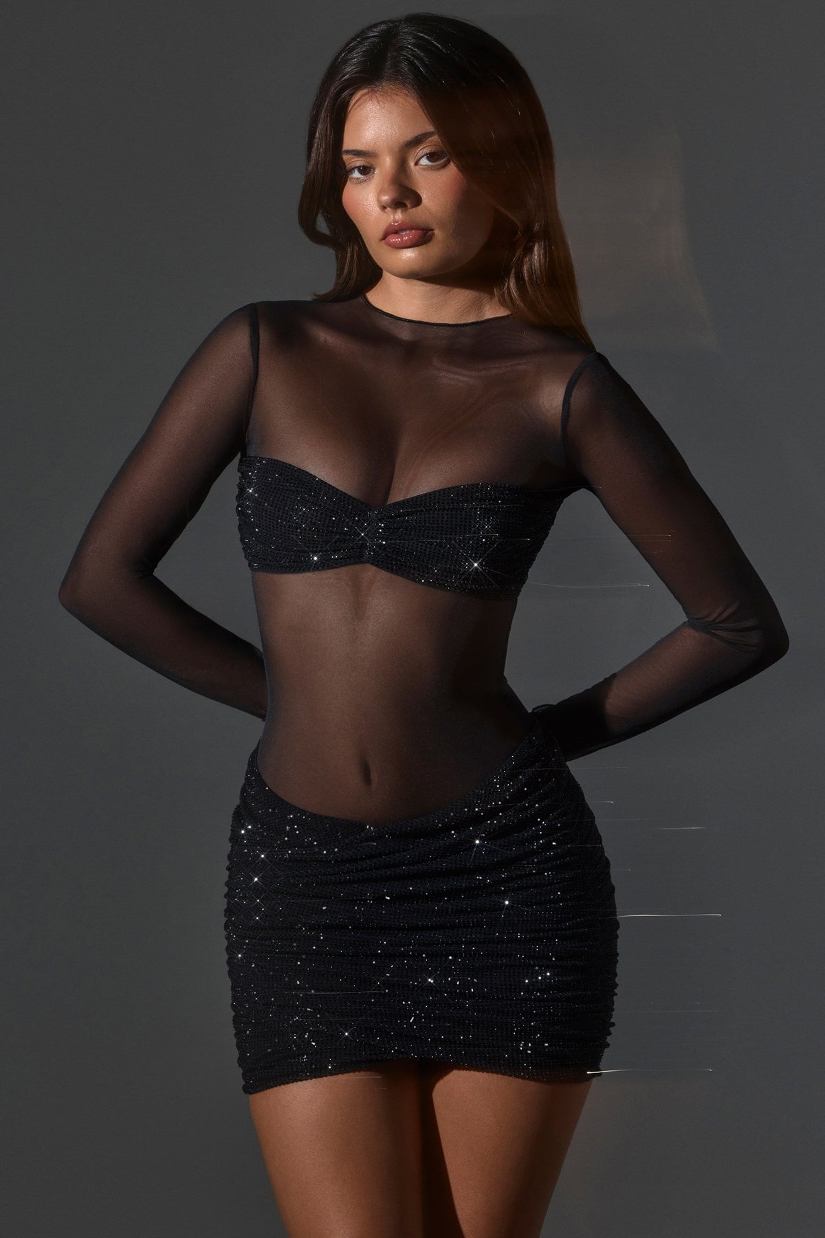 Sheer Embellished High-Neck Long Sleeve Mini Dress in Black – view 7