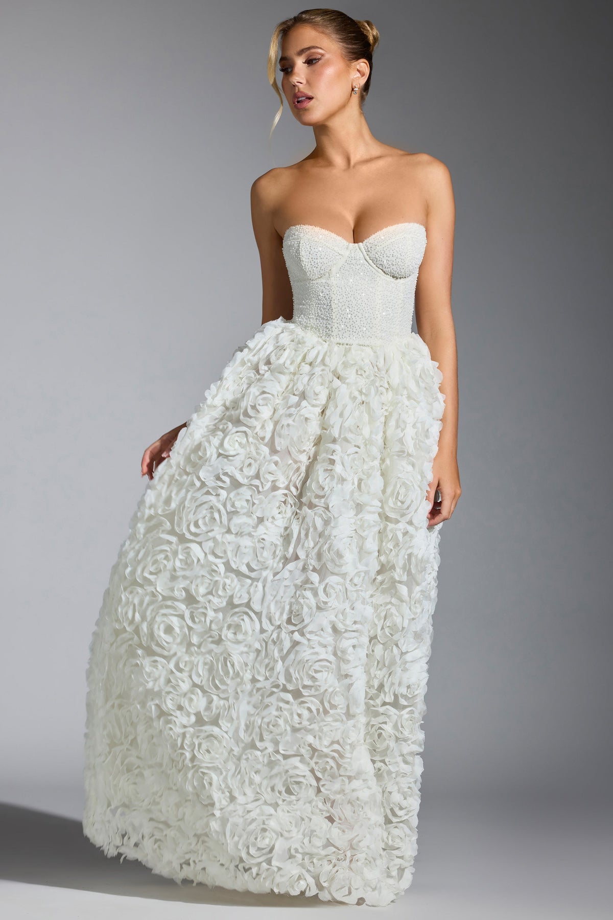 Embellished Floral-Appliqué Corset Gown in White – view 5