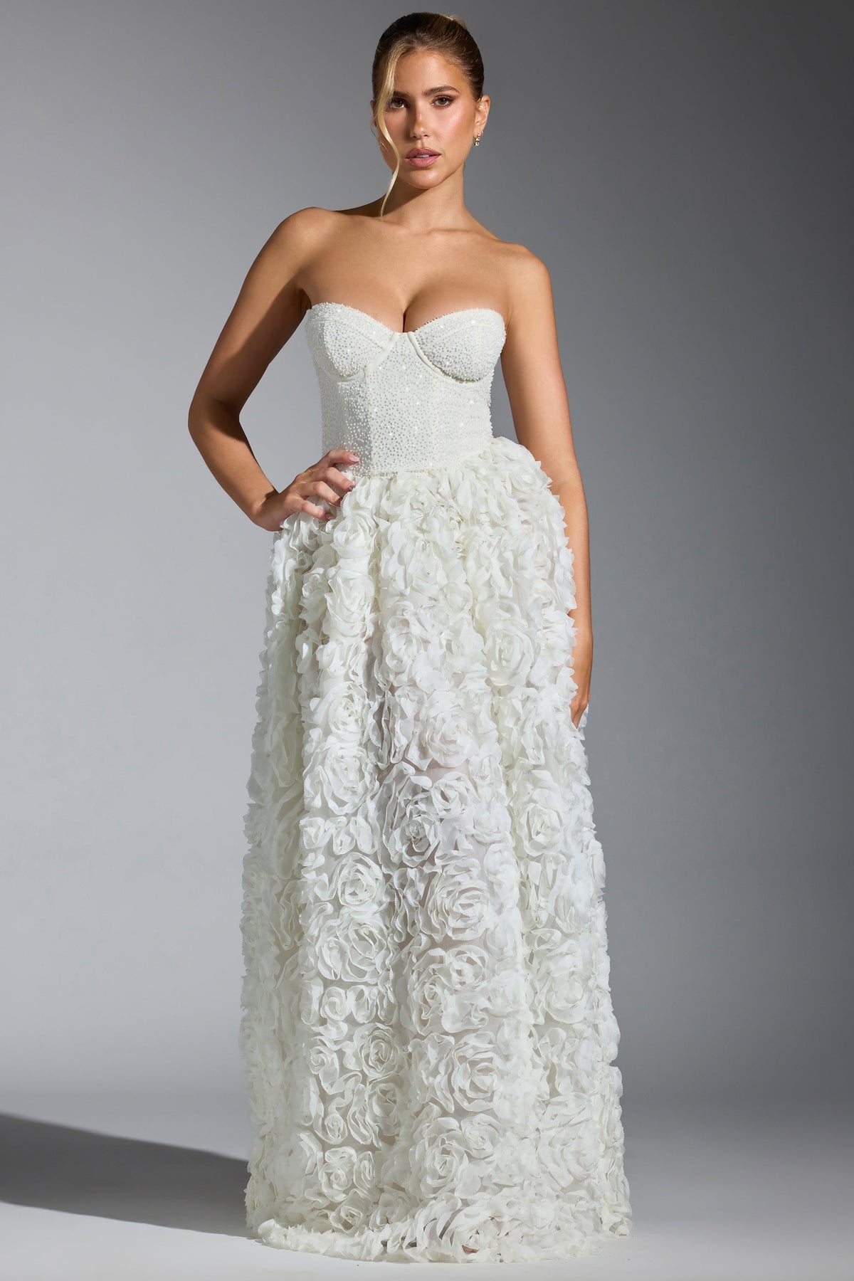 Embellished Floral-Appliqué Corset Gown in White – view 1