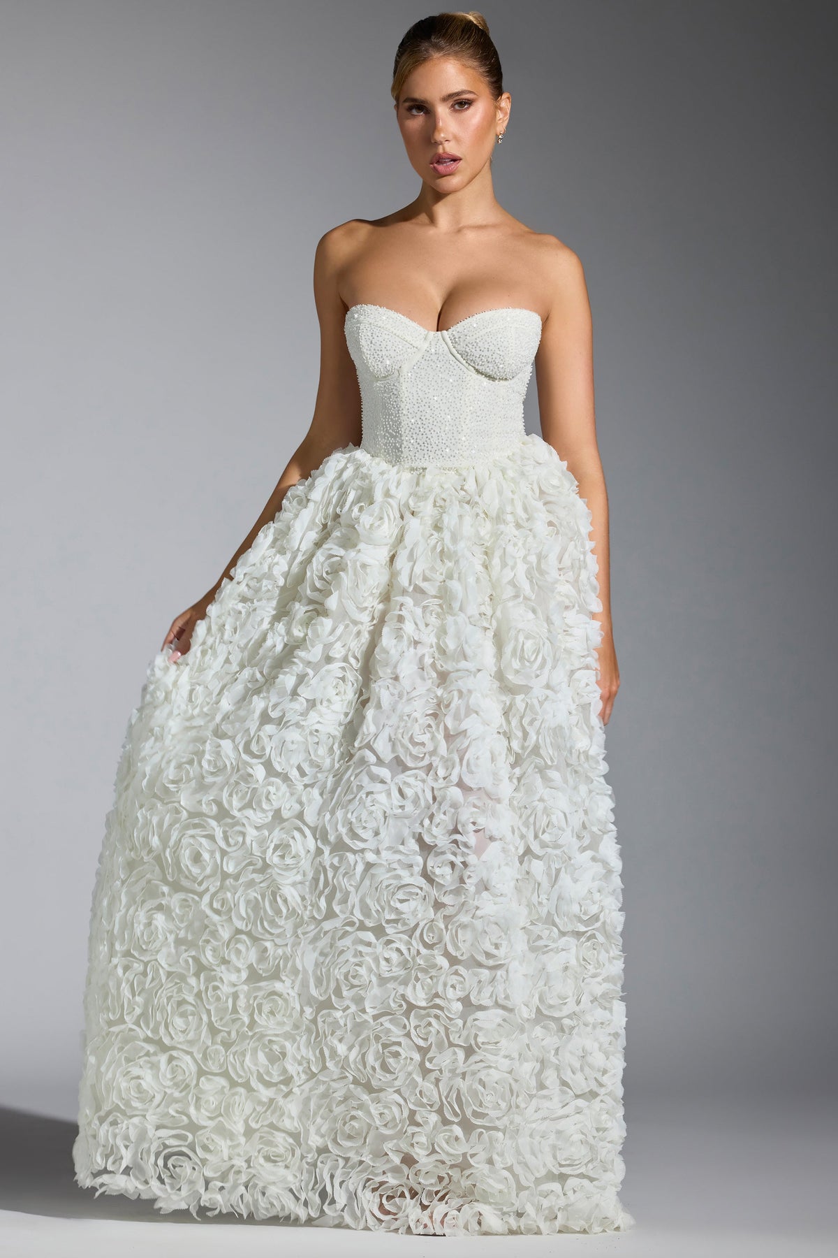 Embellished Floral-Appliqué Corset Gown in White – view 6