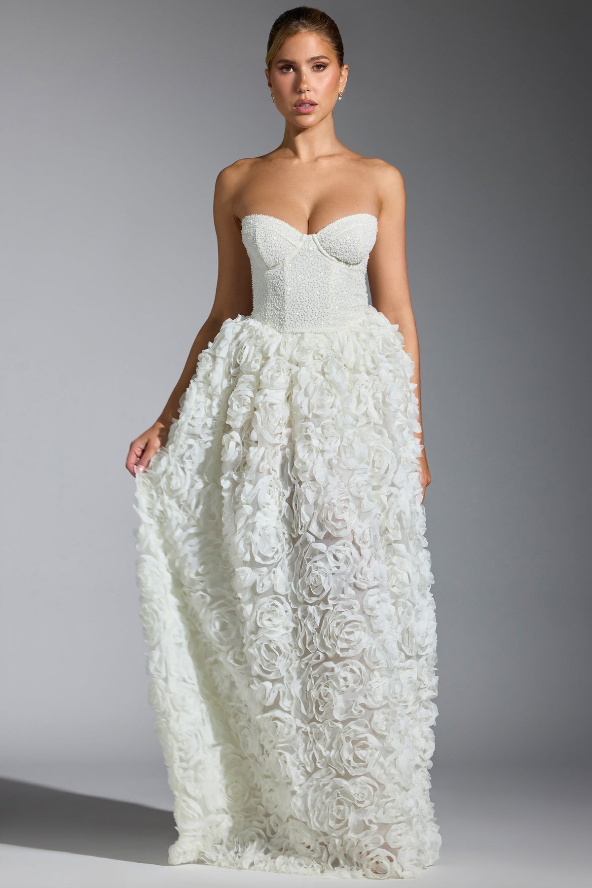 Embellished Floral-Appliqué Corset Gown in White – view 7