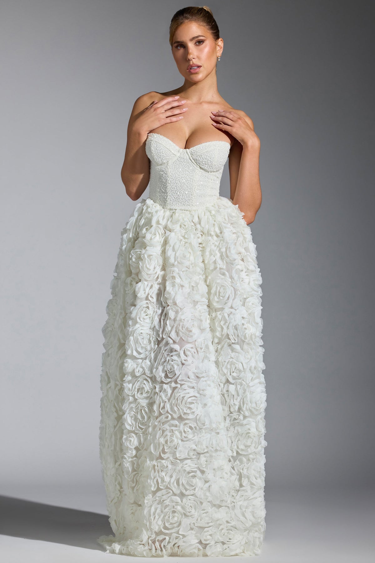 Embellished Floral-Appliqué Corset Gown in White – view 8