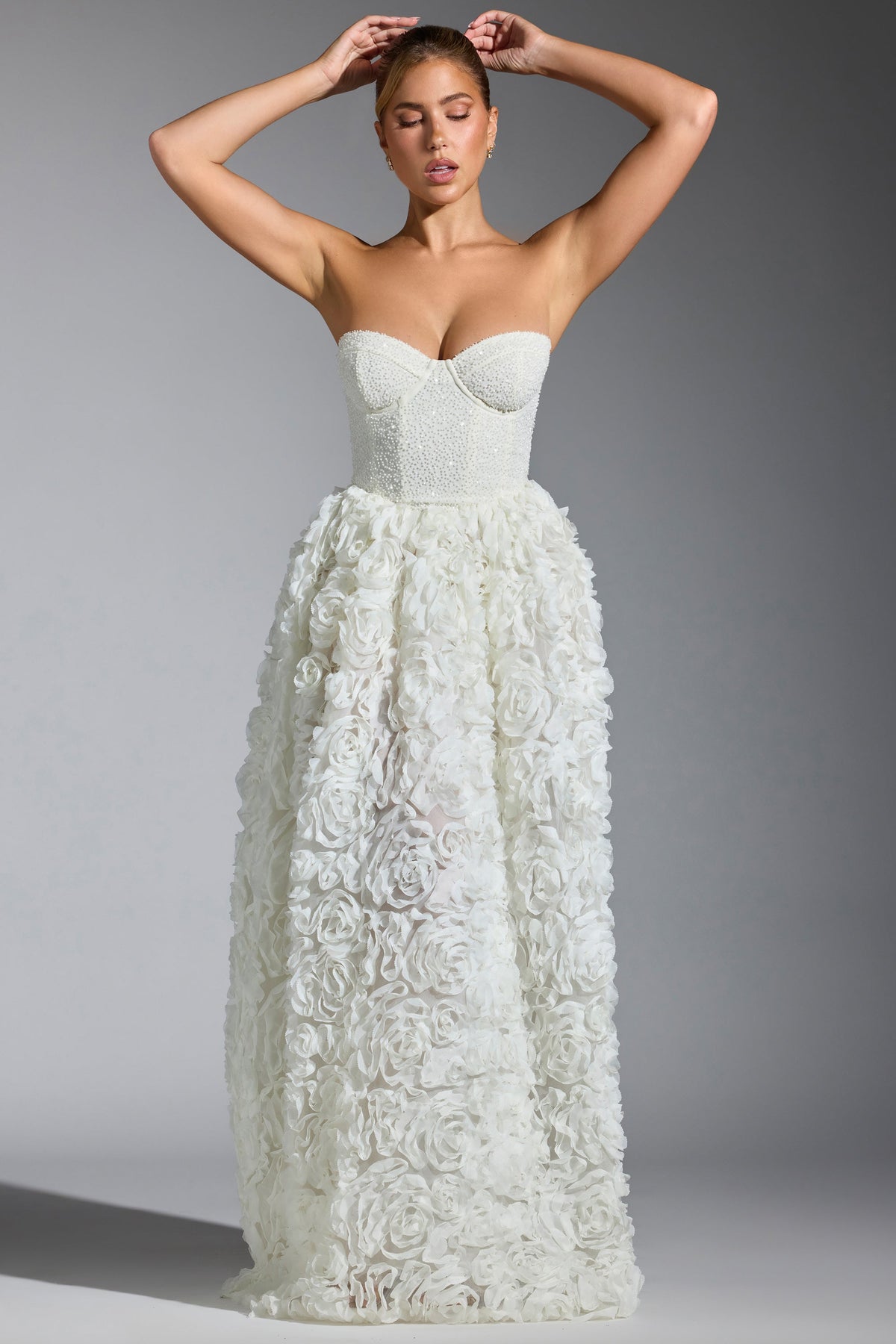Embellished Floral-Appliqué Corset Gown in White – view 9