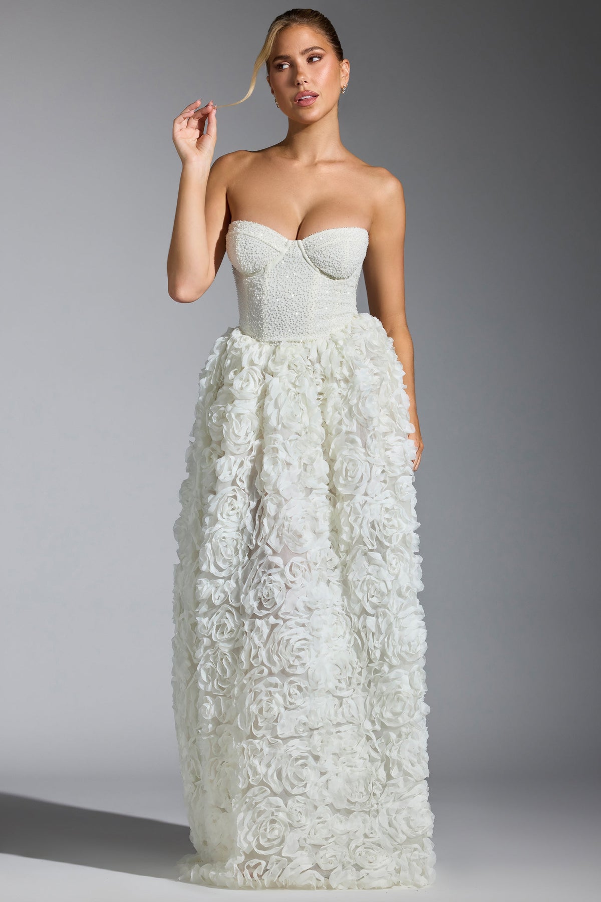 Embellished Floral-Appliqué Corset Gown in White – view 10