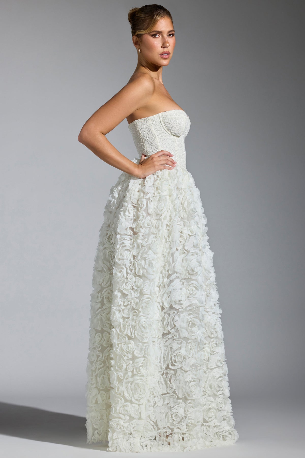 Embellished Floral-Appliqué Corset Gown in White – view 3