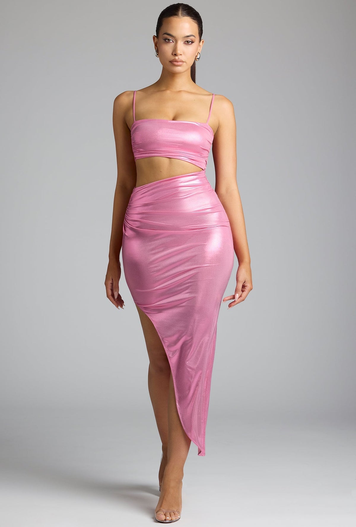 Draped Metallic Jersey Maxi Dress in Rose Pink – view 1