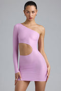 Metallic Cut-Out One-Shoulder Mini Dress in Violet Pink – view 1