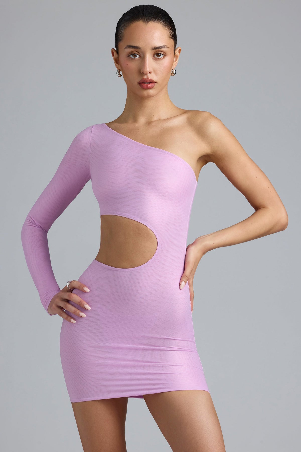 Metallic Cut-Out One-Shoulder Mini Dress in Violet Pink – view 6