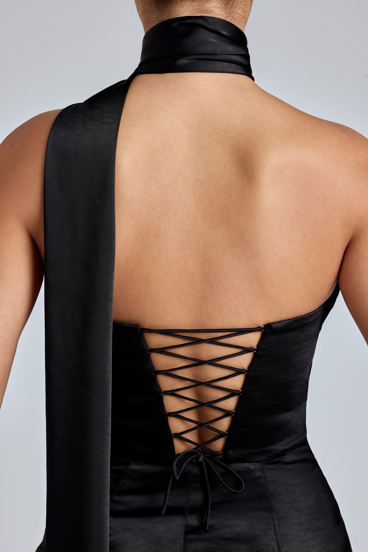 Draped Halterneck Satin Mini Dress in Black – view 6
