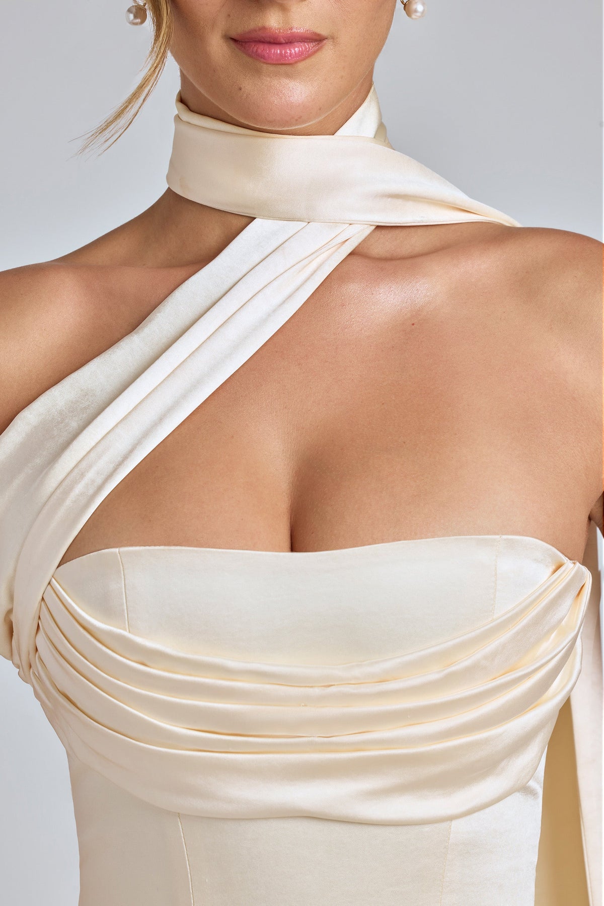 Draped Halterneck Satin Mini Dress in Ivory – view 5