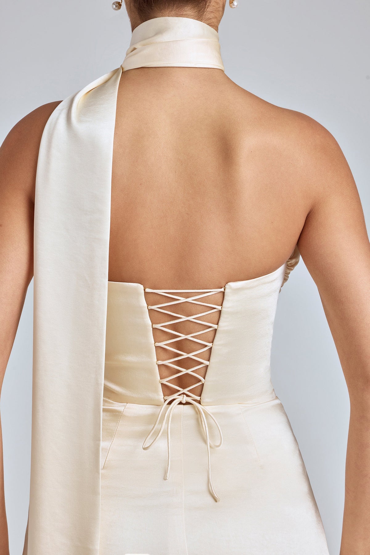 Draped Halterneck Satin Mini Dress in Ivory – view 6