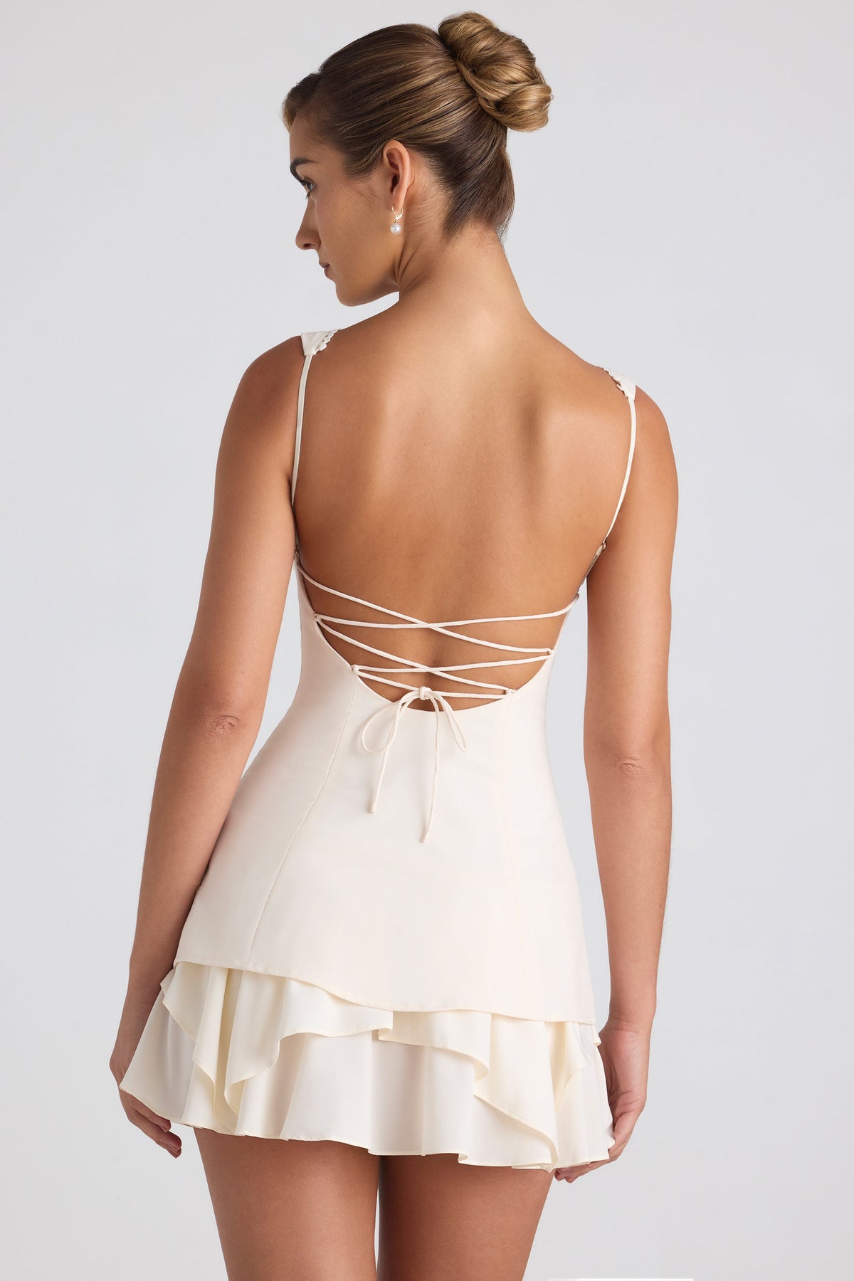 Ruffle-Trim Button-Detail Corset Mini Dress in Ivory – view 2
