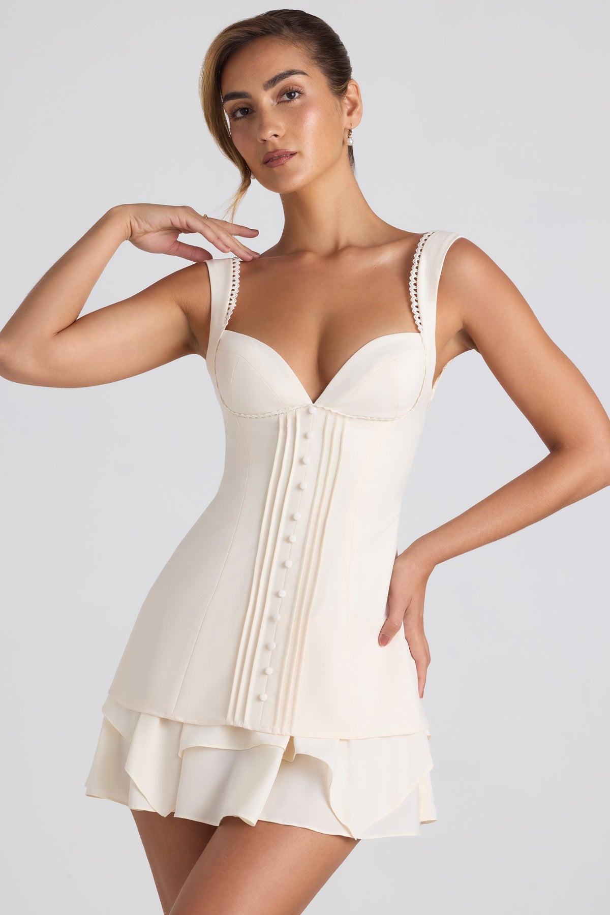 Ruffle-Trim Button-Detail Corset Mini Dress in Ivory – view 1