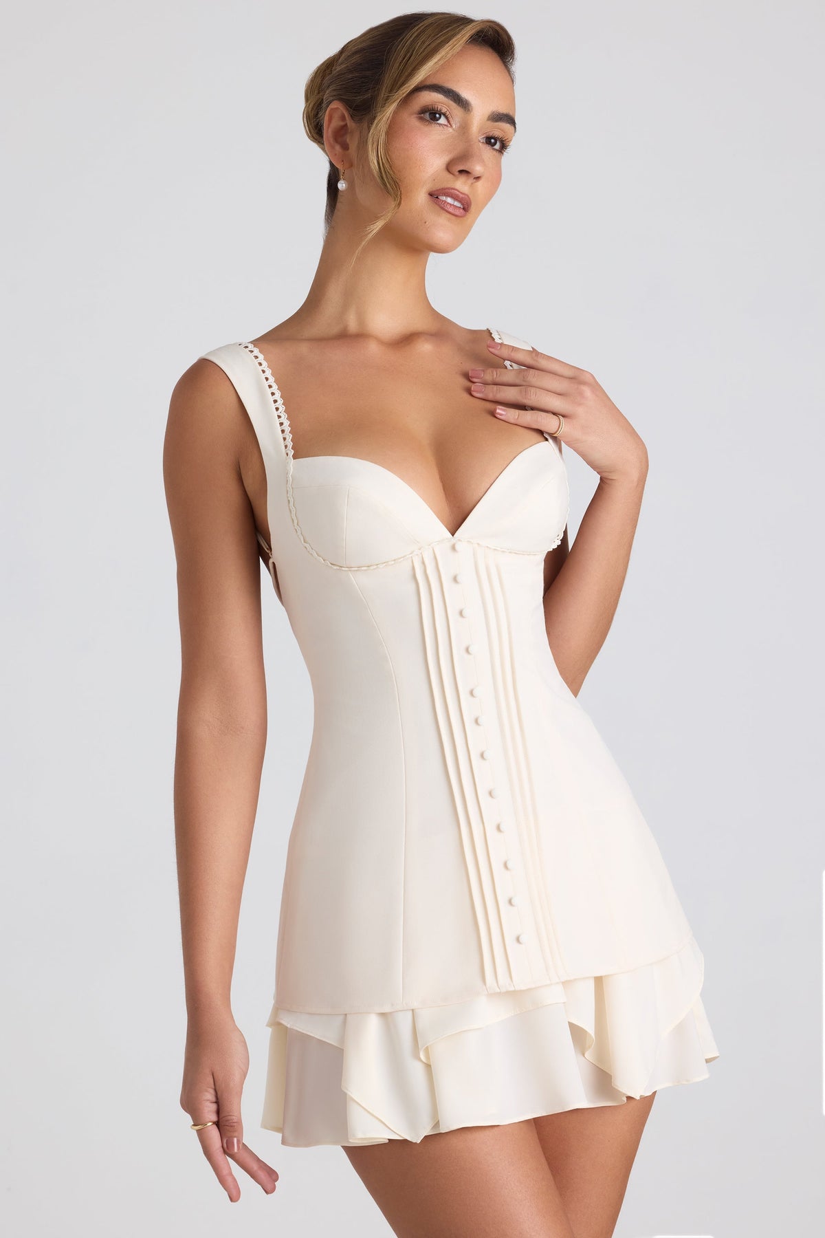 Ruffle-Trim Button-Detail Corset Mini Dress in Ivory – view 6