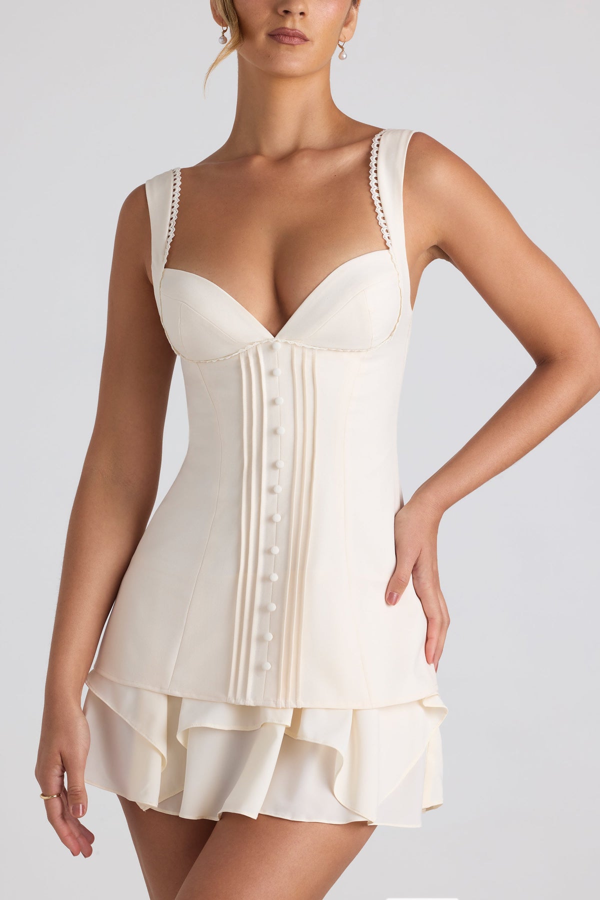 Ruffle-Trim Button-Detail Corset Mini Dress in Ivory – view 4