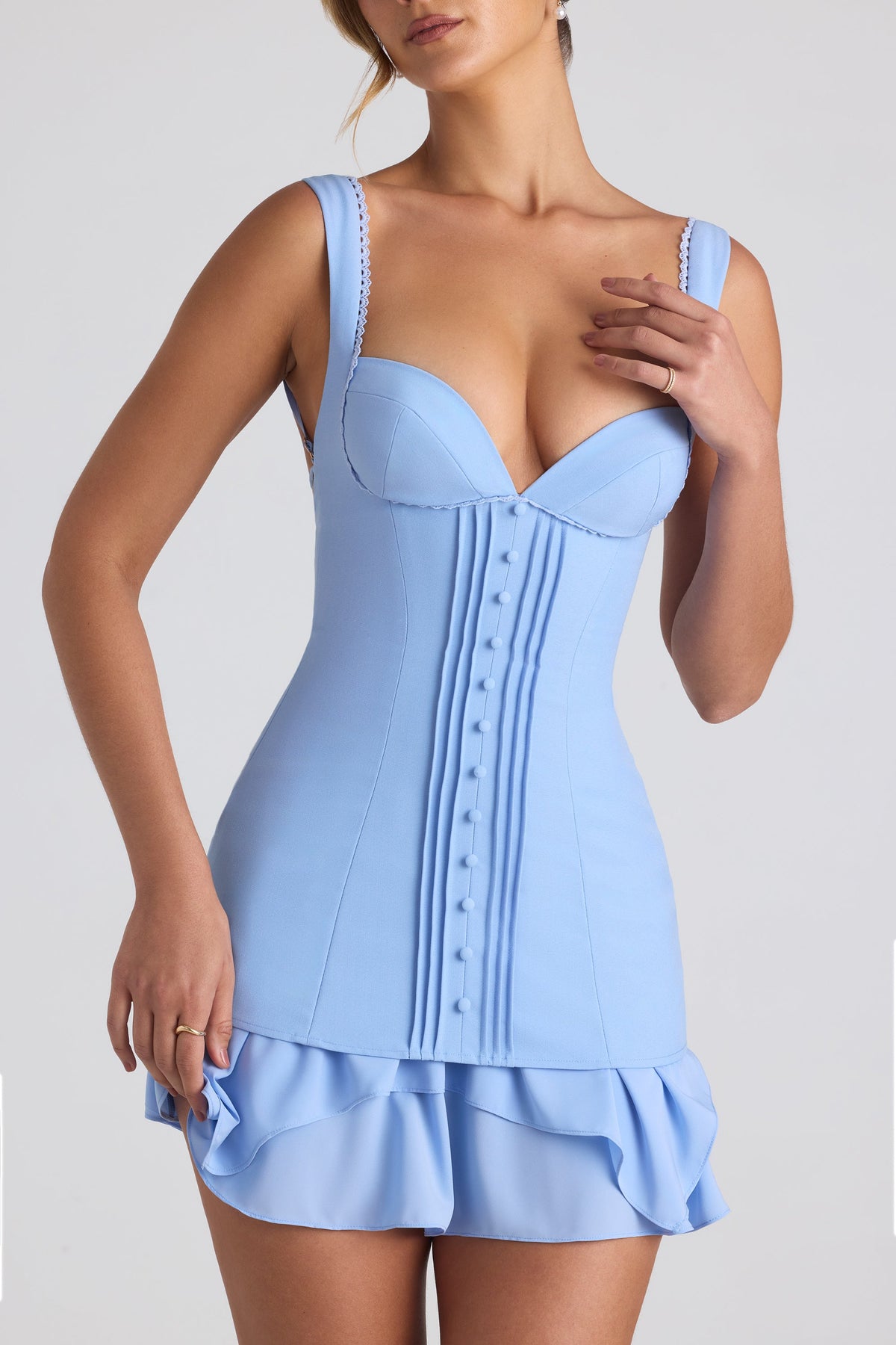Ruffle-Trim Button-Detail Corset Mini Dress in Sky Blue – view 4