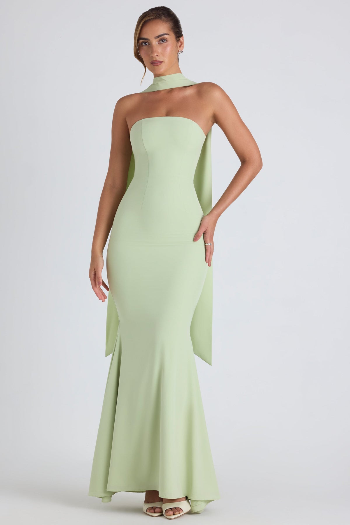 Scarf-Detail Strapless Gown in Spring Green – view 4