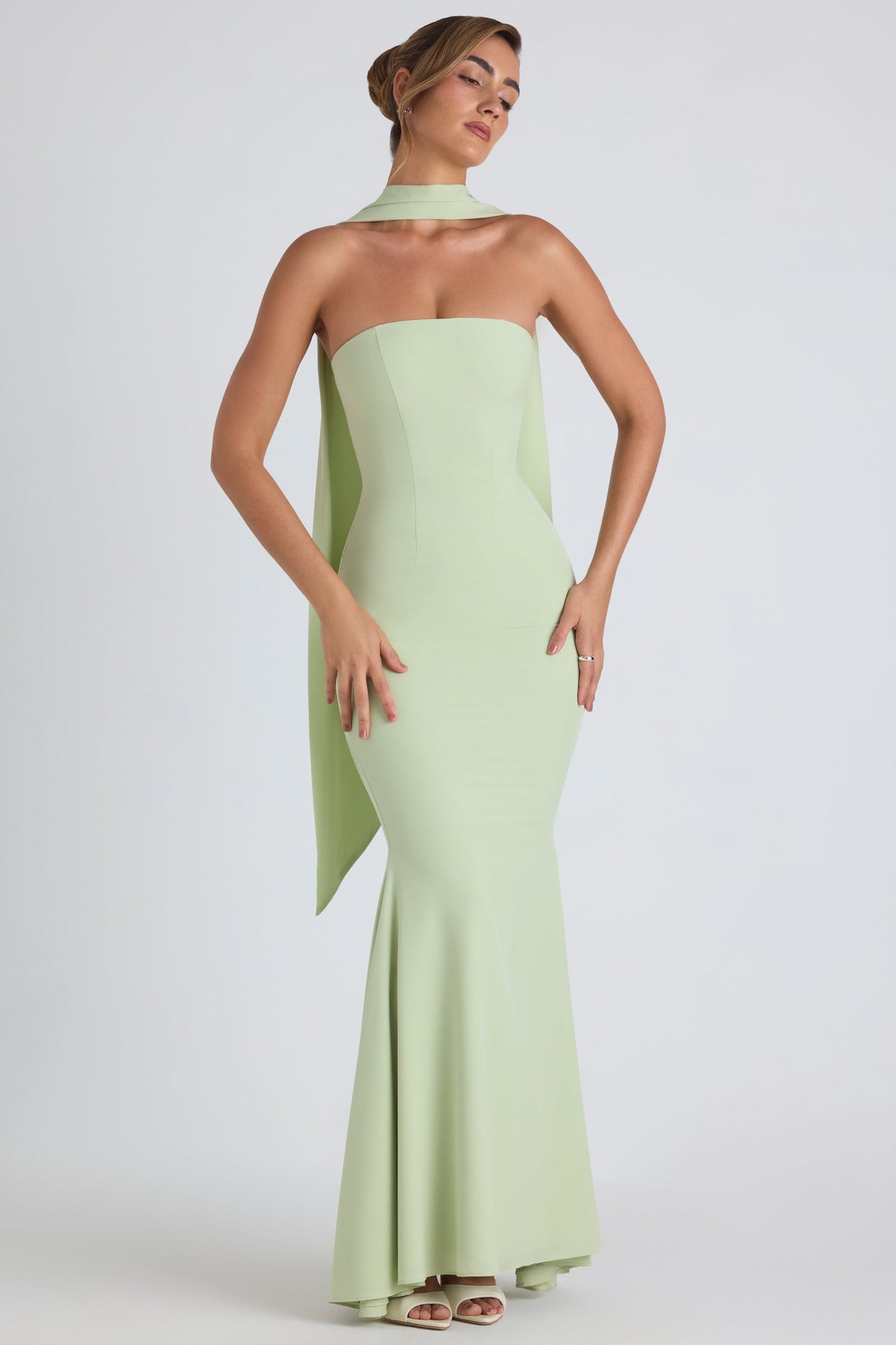 Scarf-Detail Strapless Gown in Spring Green – view 1