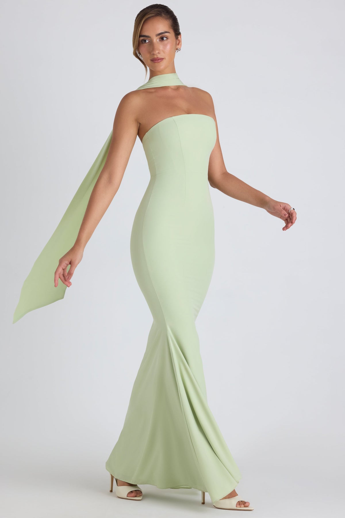 Scarf-Detail Strapless Gown in Spring Green – view 5