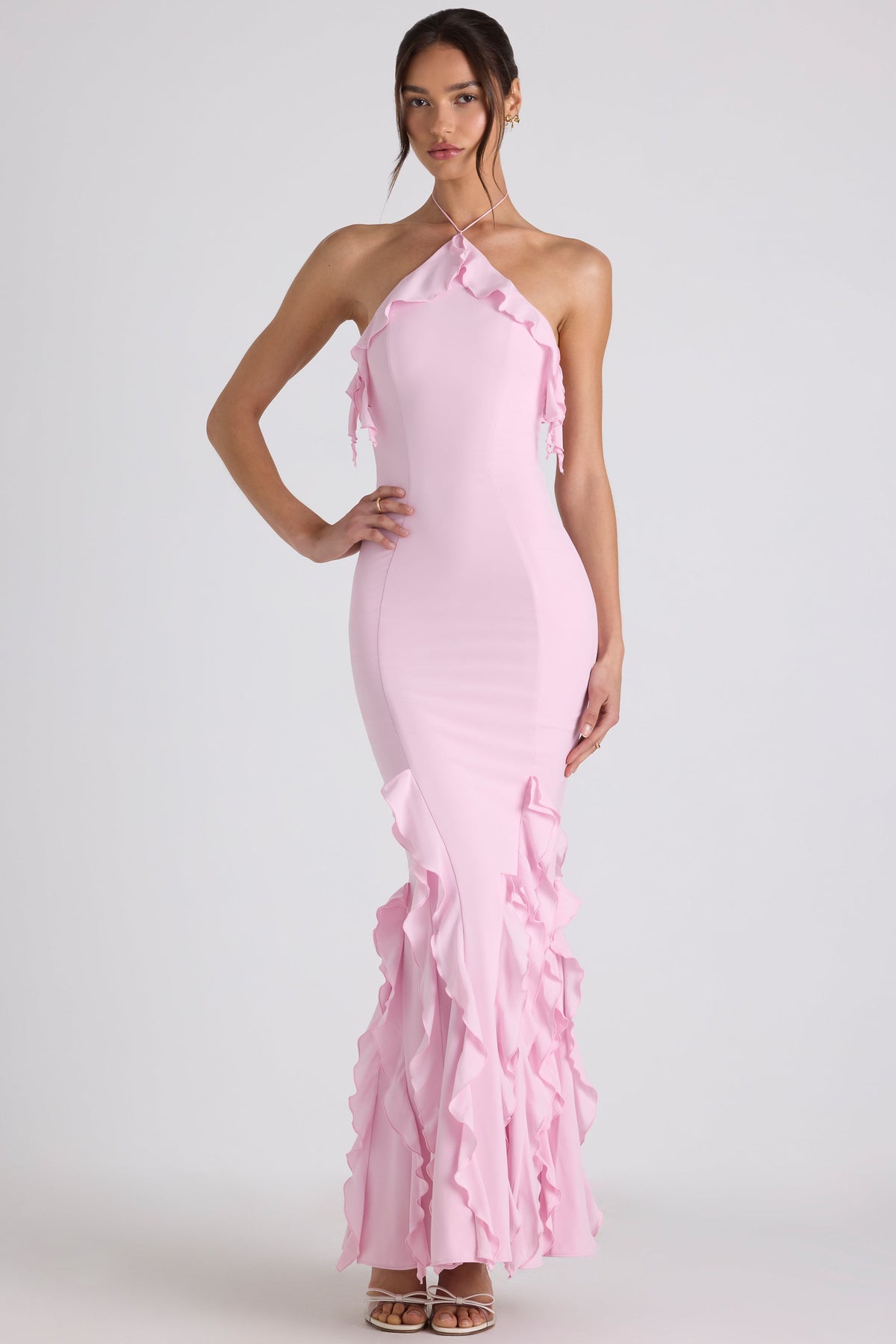 Ruffle-Trim Halterneck Gown in Soft Pink – view 1