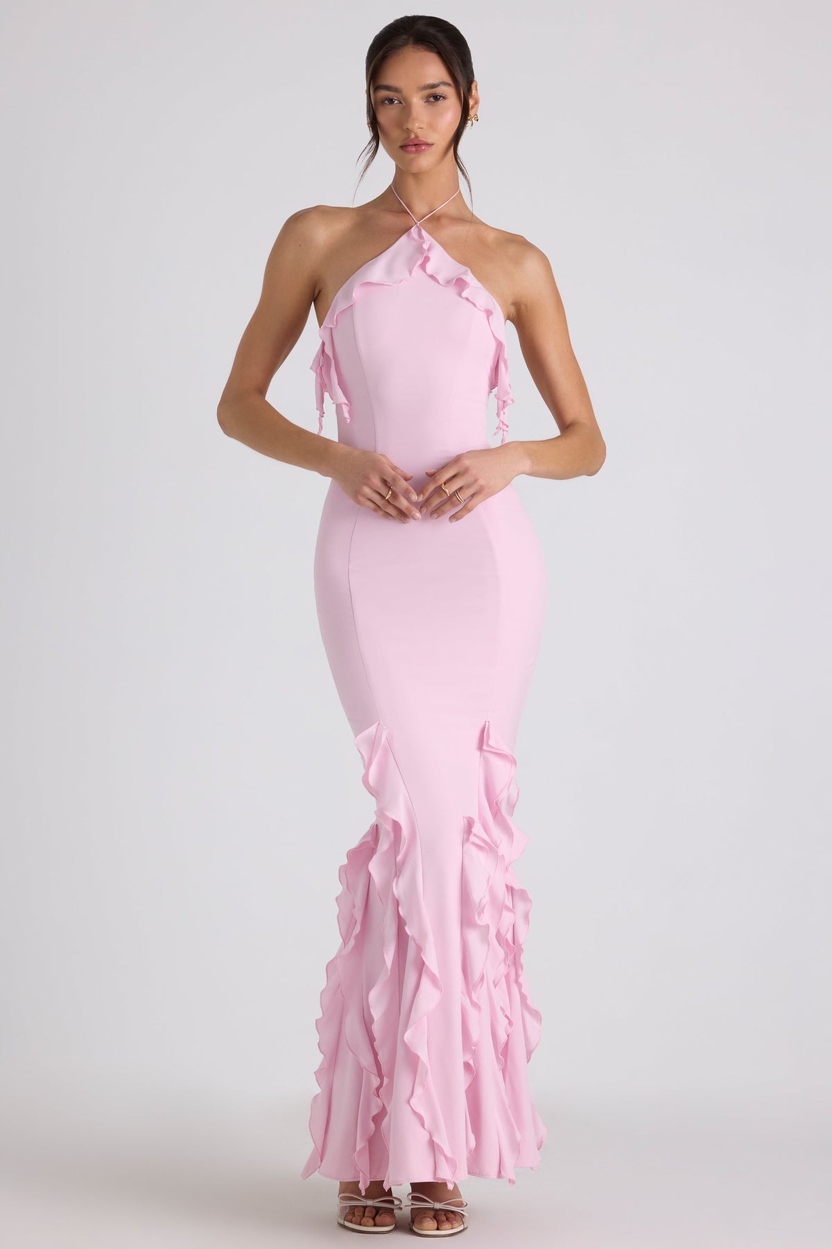 Ruffle-Trim Halterneck Gown in Soft Pink – view 7