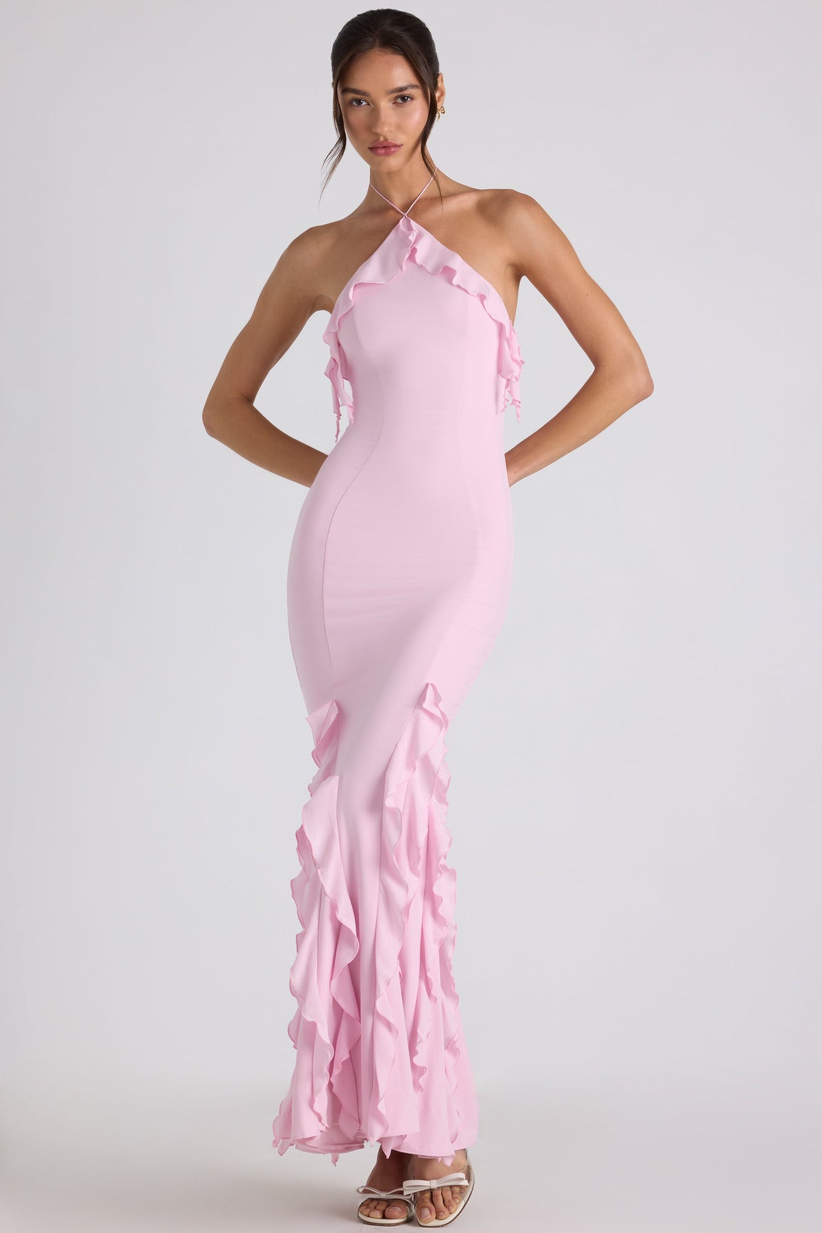 Ruffle-Trim Halterneck Gown in Soft Pink – view 6