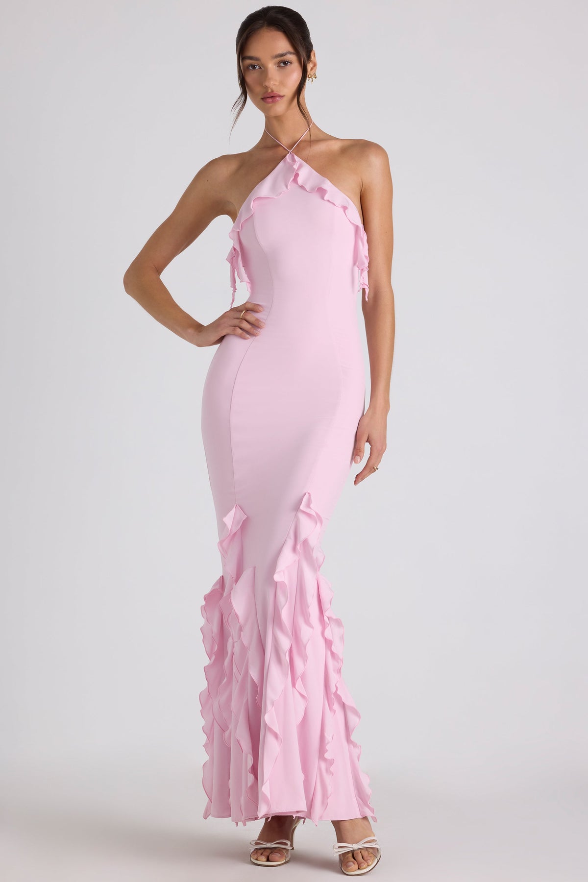 Ruffle-Trim Halterneck Gown in Soft Pink – view 5