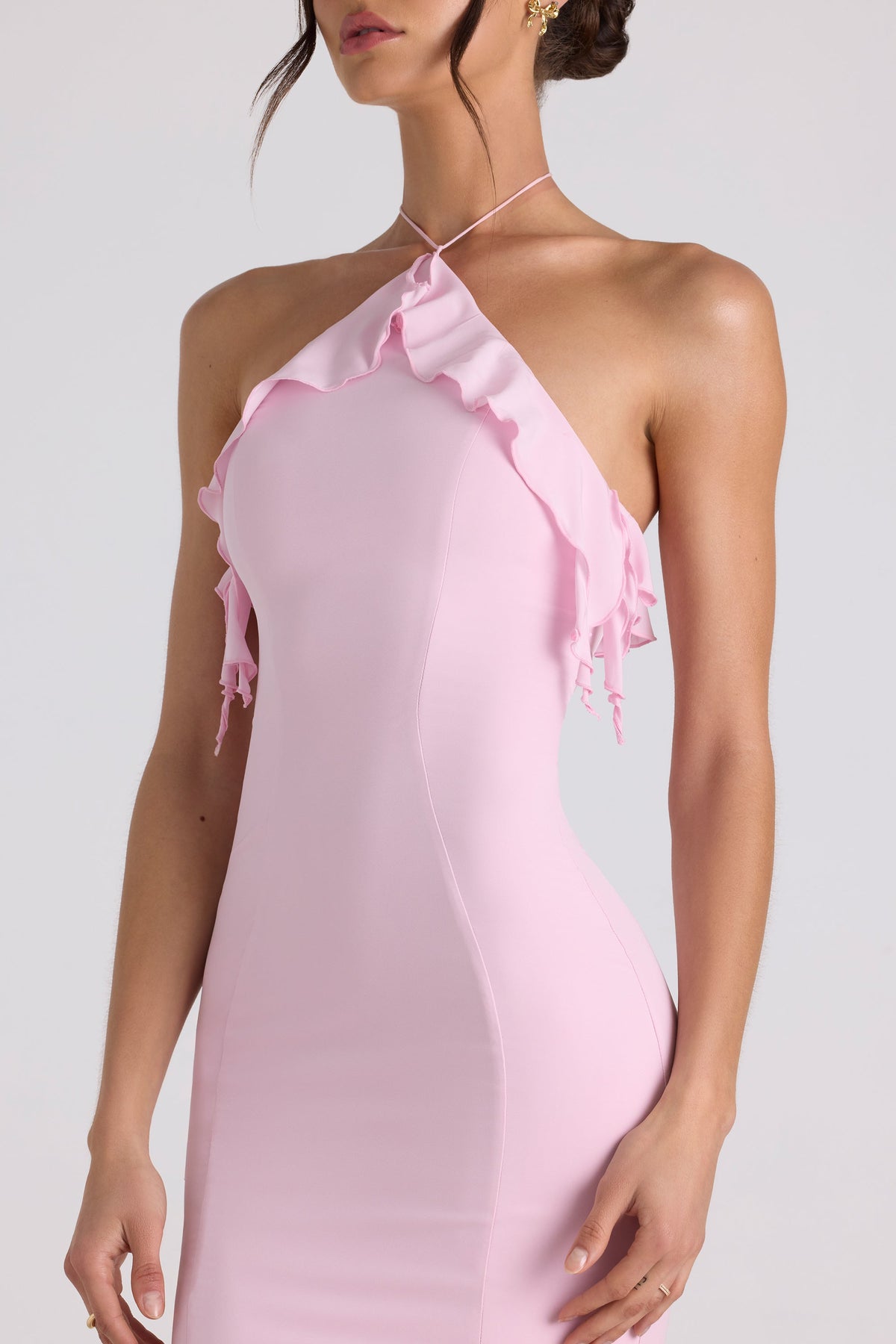 Ruffle-Trim Halterneck Gown in Soft Pink – view 4