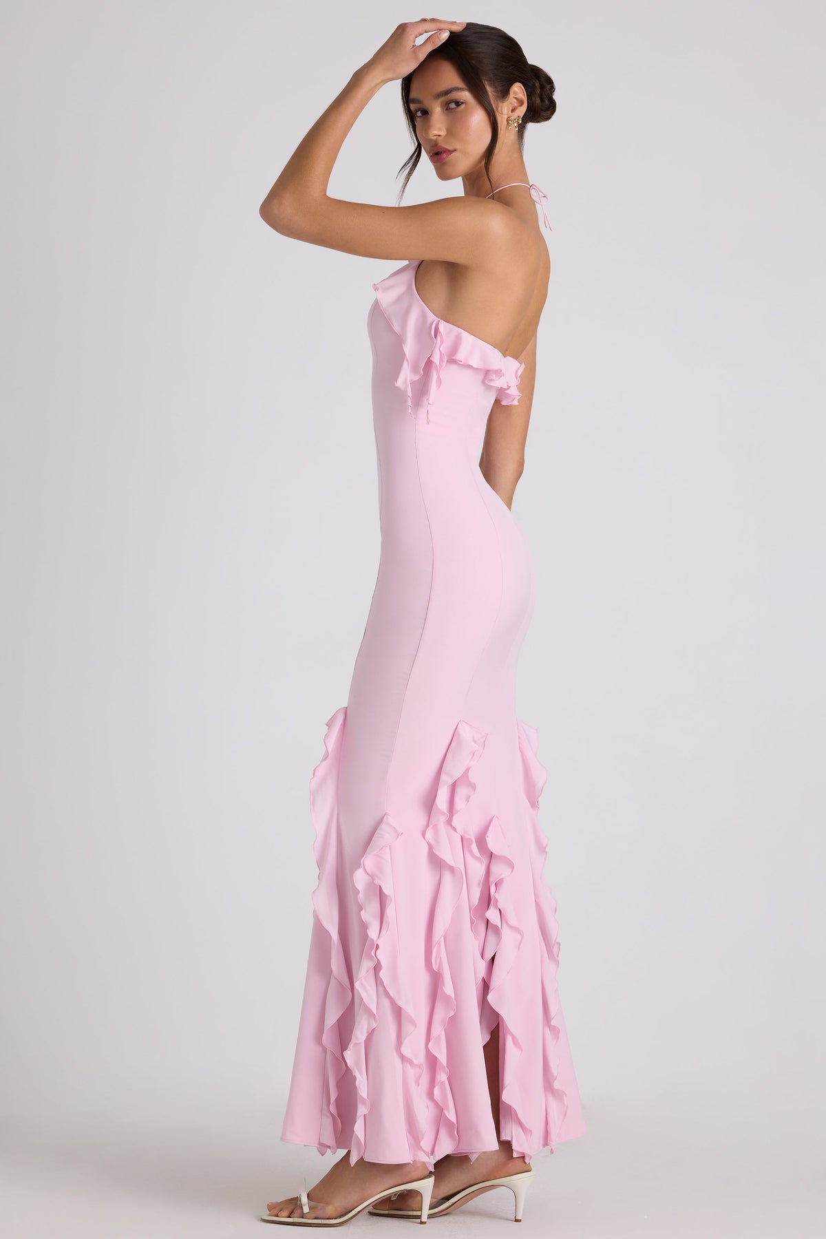 Ruffle-Trim Halterneck Gown in Soft Pink – view 3
