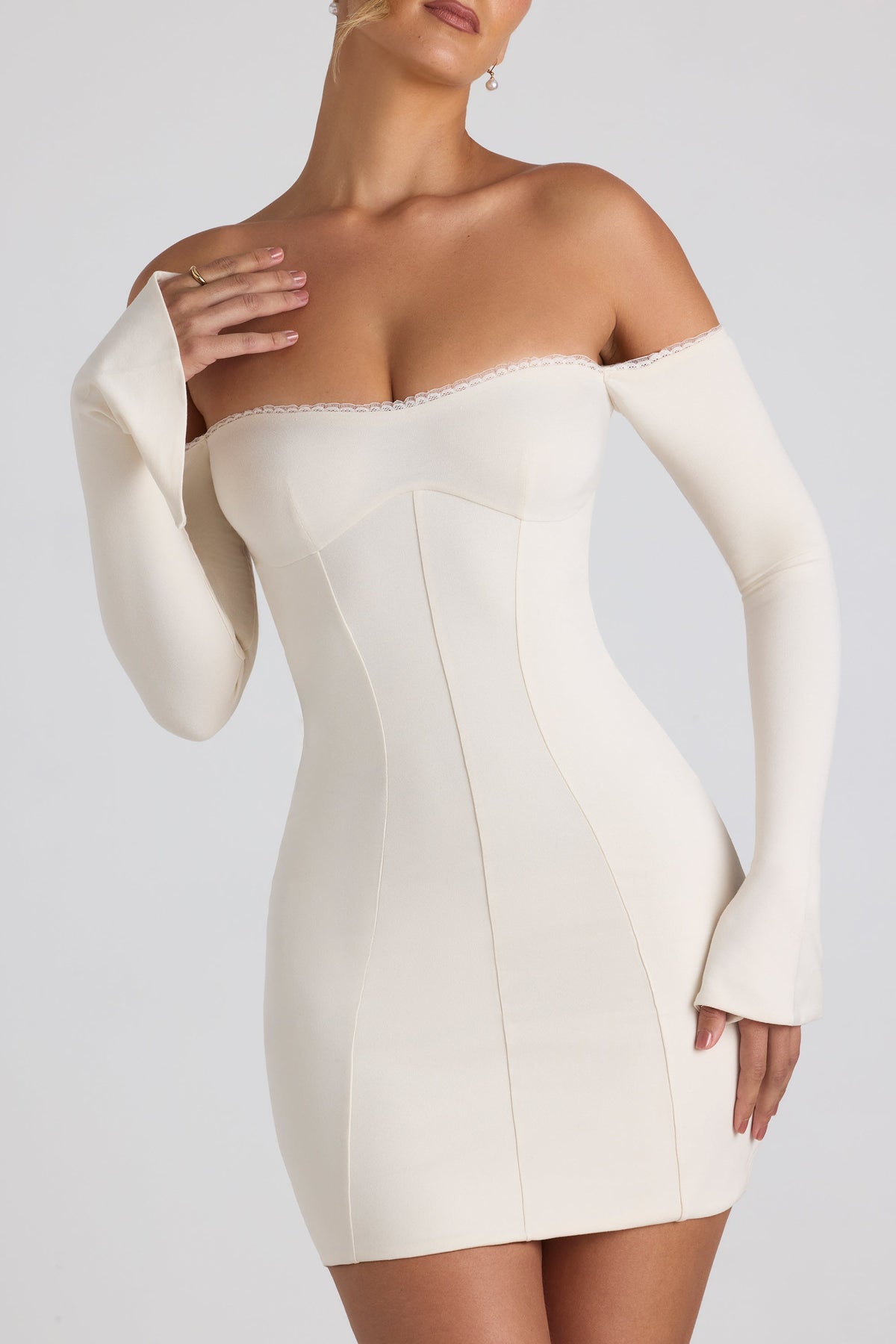 Modal Off-Shoulder Lace-Trim Mini Dress in Ivory – view 4