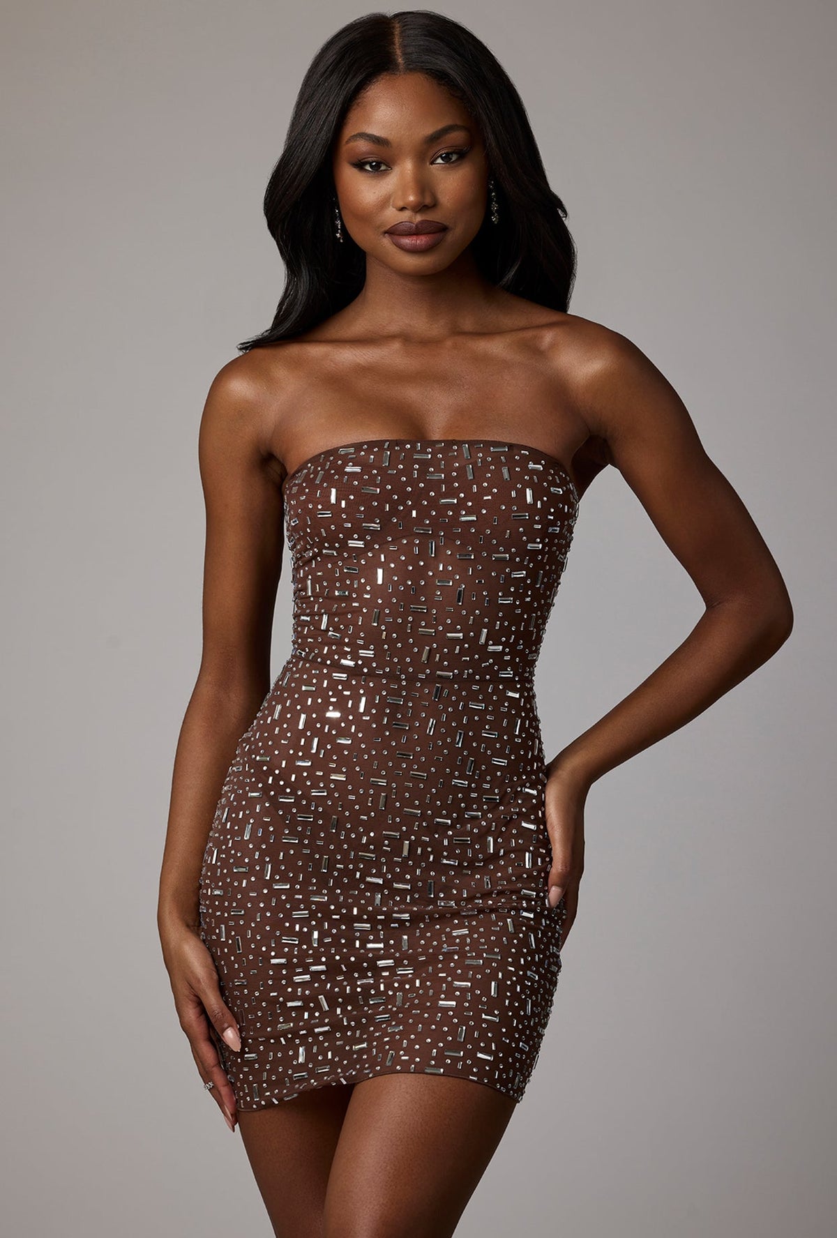 Sheer Embellished Bodycon Mini Dress in Deep Cocoa – view 7