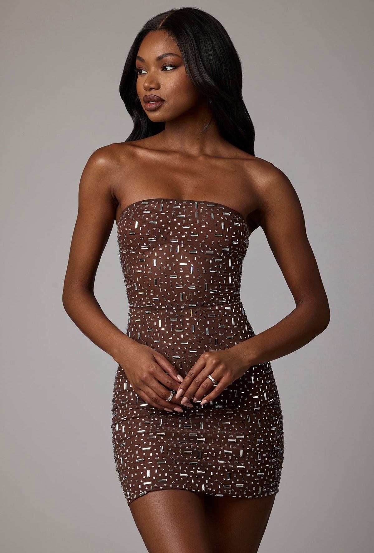 Sheer Embellished Bodycon Mini Dress in Deep Cocoa – view 8