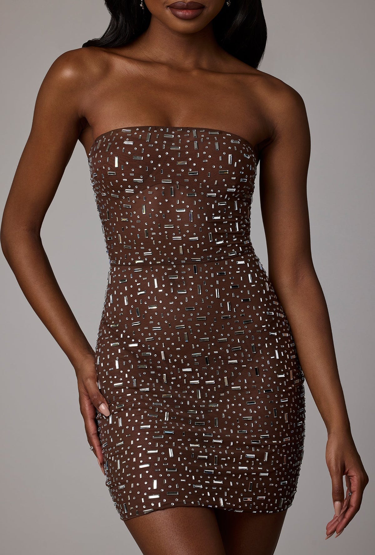Sheer Embellished Bodycon Mini Dress in Deep Cocoa – view 5