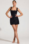 Floral-Appliqué Square-Neck Corset Mini Dress in Black – view 1
