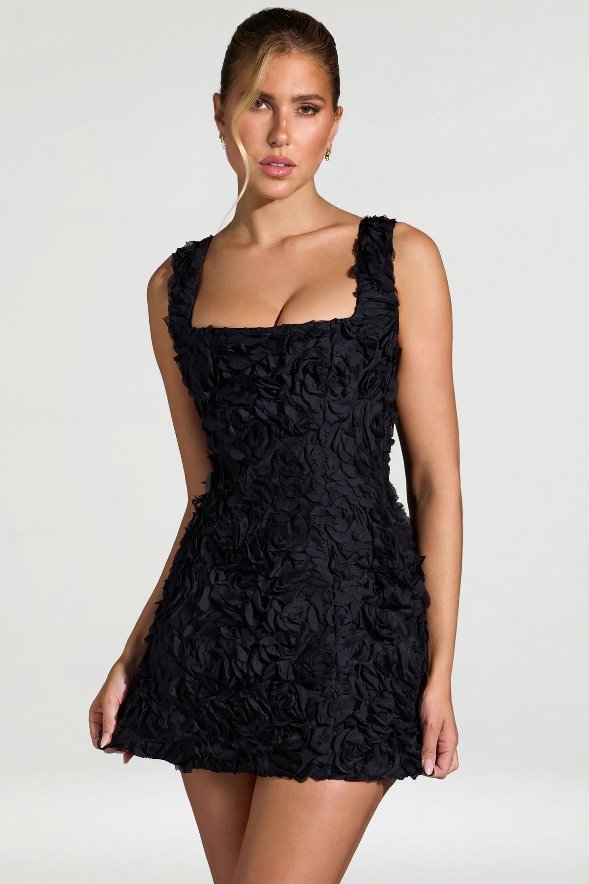 Floral-Appliqué Square-Neck Corset Mini Dress in Black – view 2