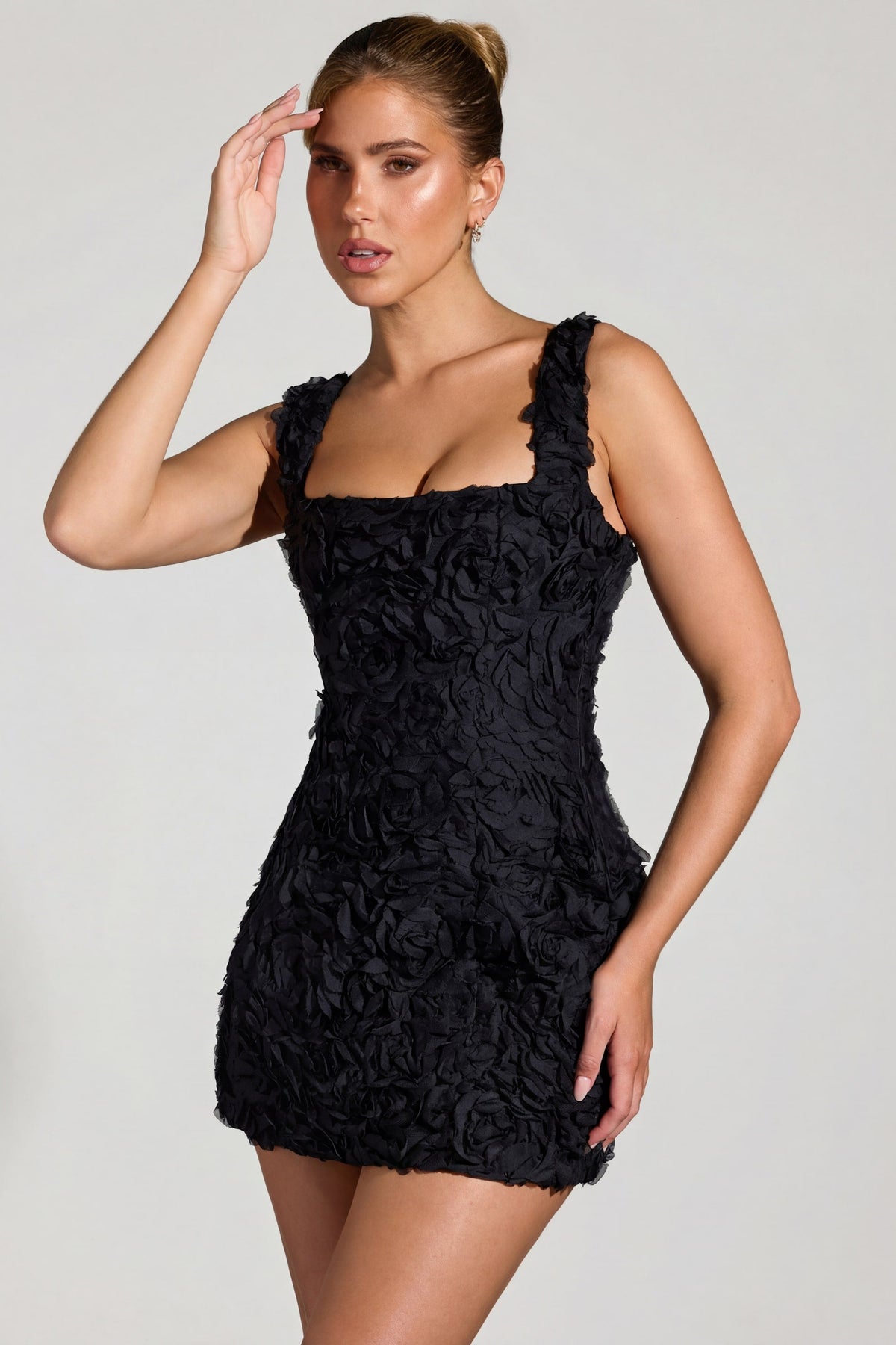 Floral-Appliqué Square-Neck Corset Mini Dress in Black – view 3