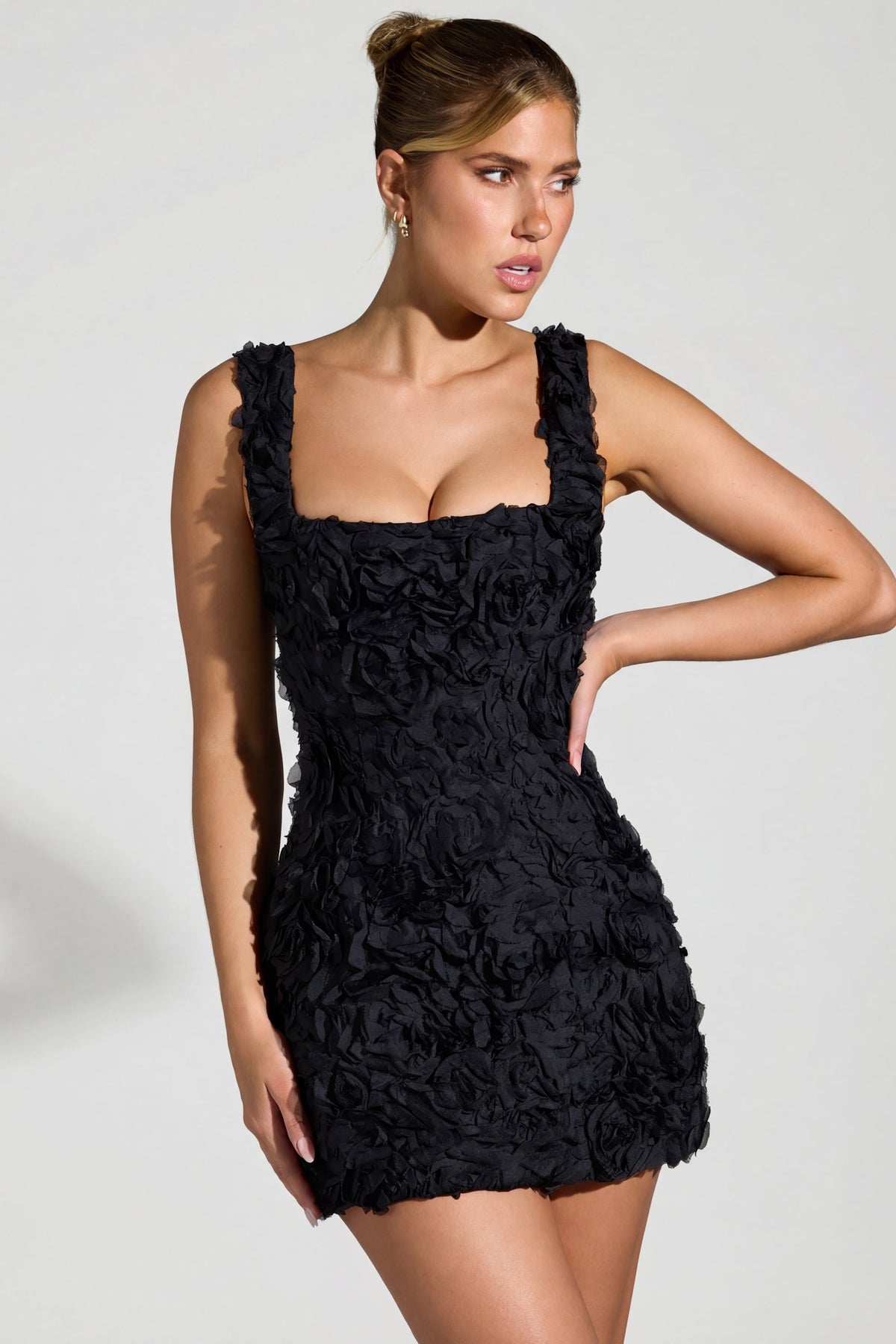 Floral-Appliqué Square-Neck Corset Mini Dress in Black – view 4