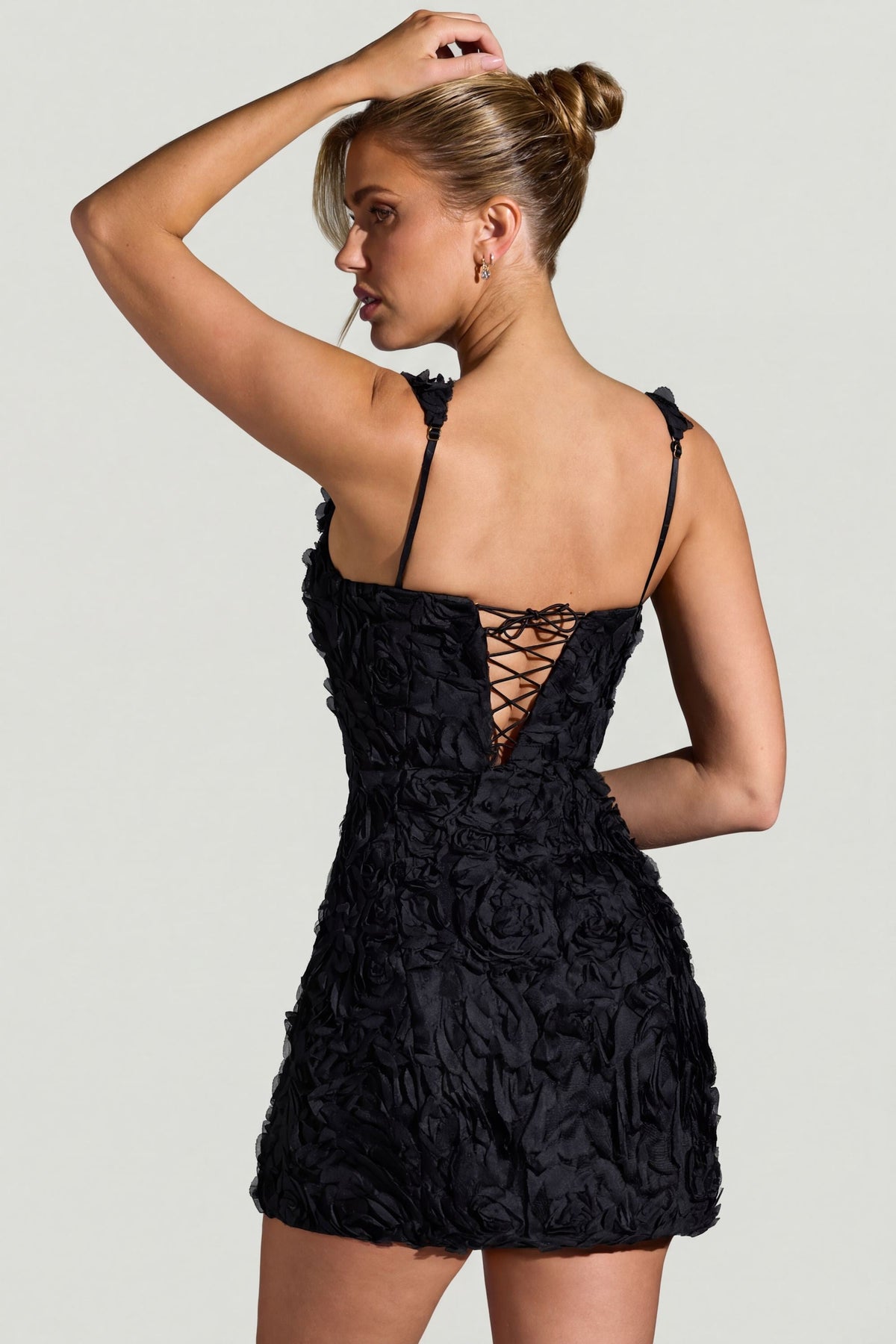 Floral-Appliqué Square-Neck Corset Mini Dress in Black – view 7