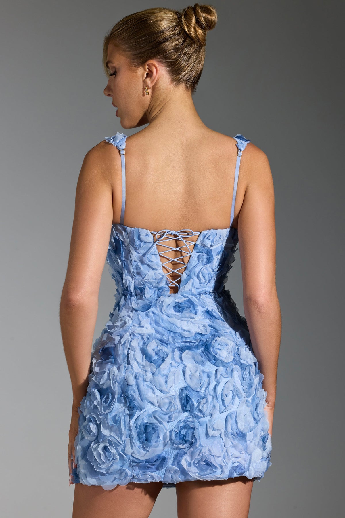 Floral-Appliqué Square-Neck Corset Mini Dress in Blue – view 2