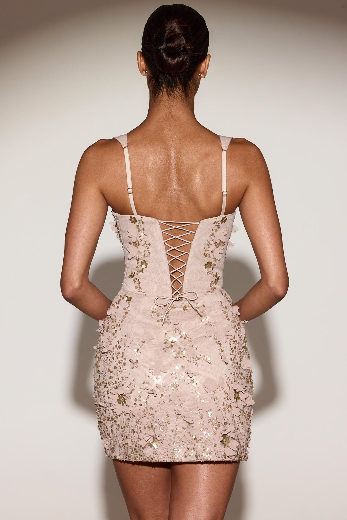 Embellished Appliqué Corset Mini Dress in Pale Gold – view 3