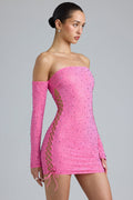 Embellished Lace-Up Off-Shoulder Mini Dress in Bubblegum Pink – view 1